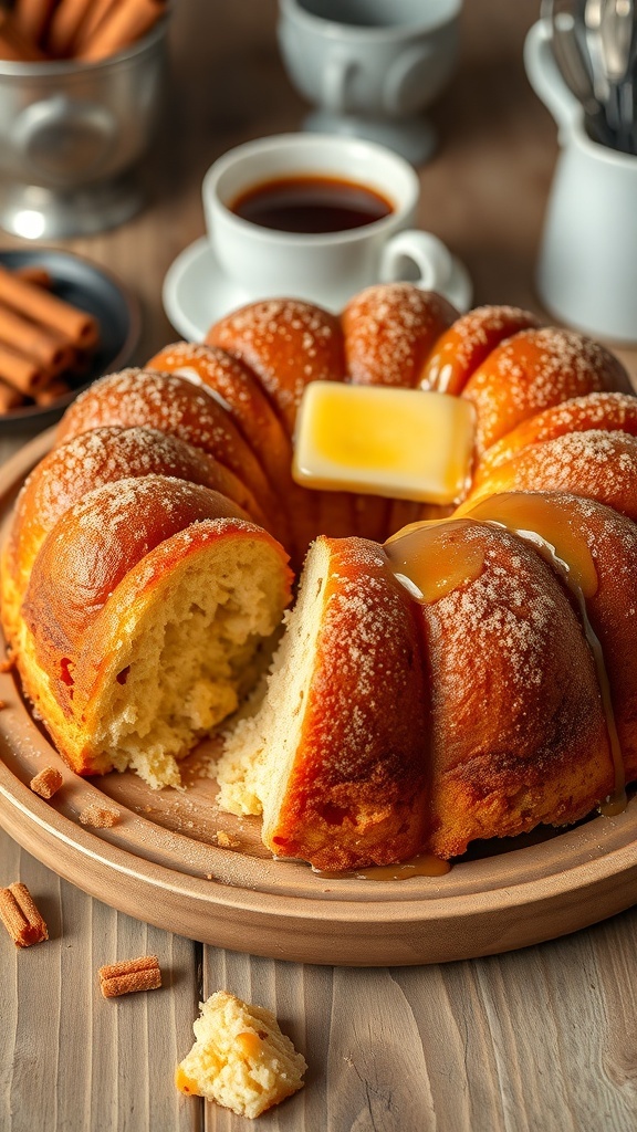Golden-brown monkey bread on a wooden table, showcasing fluffy pieces coated in cinnamon sugar.